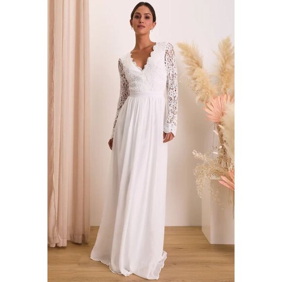 Lulus Awaken My Love White Long Sleeve Lace Maxi Dress S Ethereal Wedding Prom